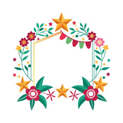 Festive floral wreath with star accents and a geometric frame