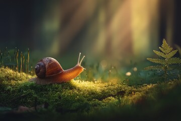 Snail exploring a sunlit forest floor surrounded by moss and ferns in the early morning light
