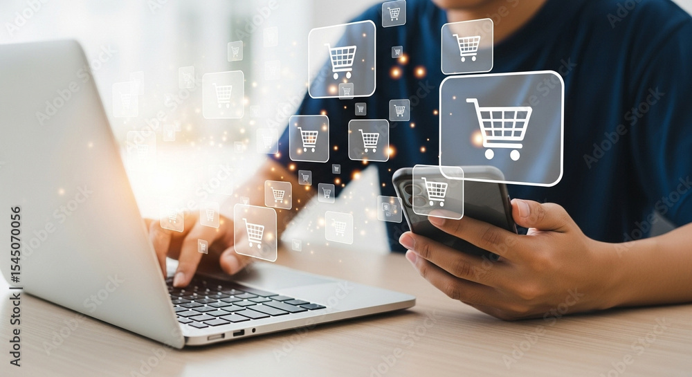Poster person using laptop and phone with shopping cart icons floating for online shopping concept use case
