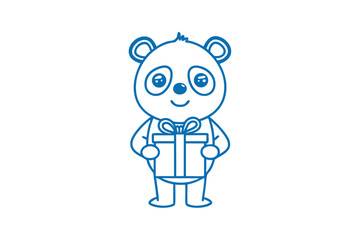 Fototapeta premium A cute blue panda outline holds a gift box smiling happily in monochrome art