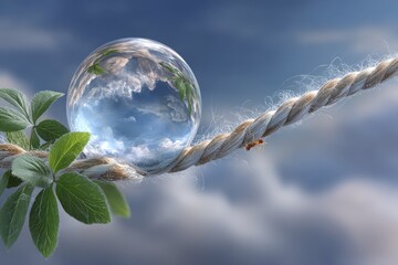 Bubble reflects clouds over greenery while an ant navigates along a rope in a tranquil sky setting