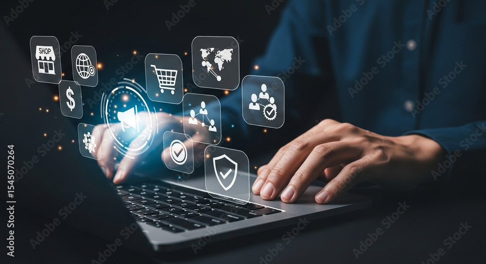 Aufkleber person using laptop with digital icons floating above keyboard for online business and commerce