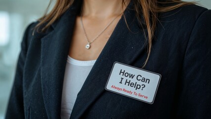 "How can I help?"-- a focused view on a professional woman with an "How Can I Help?" name badge. The woman is elegantly dressed