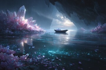 Crystal cave with a small boat in tranquil waters at twilight revealing enchanting reflections and vibrant crystals