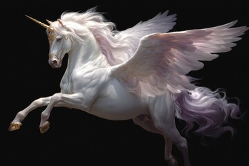 Majestic winged unicorn leaps gracefully through an ethereal landscape filled with magic and wonder