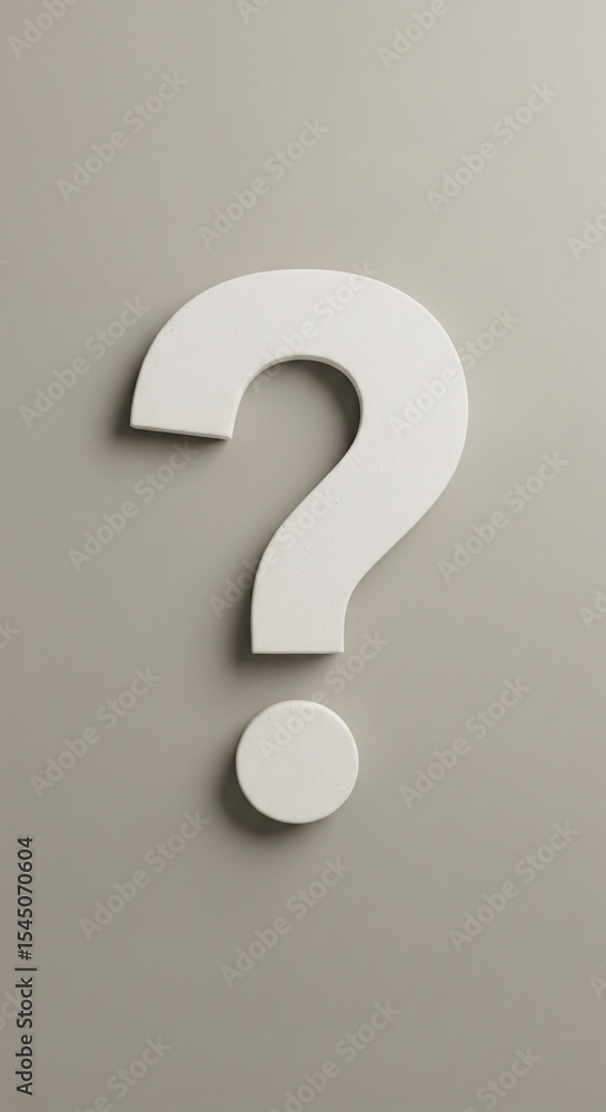 Poster white question mark and dot on grey background, simple design, suggesting inquiry, uncertainty, or n