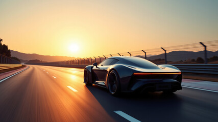 Sleek Black Sports Car on Open Road at Sunset