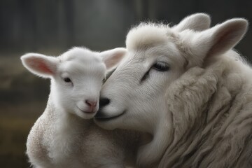 Mother sheep and her lamb share a tender moment in a serene forest setting during early morning light