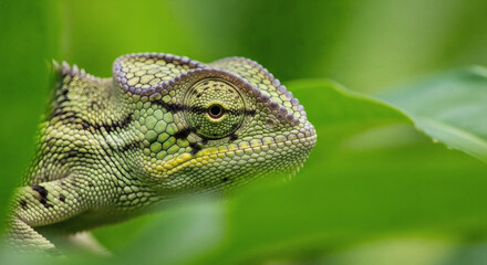 Obraz premium Close-up of a Green Chameleon in Lush Foliage