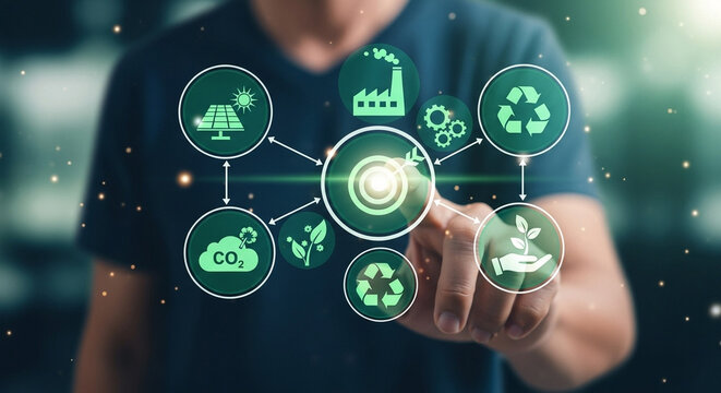 A person touching a digital interface displaying green energy and sustainability icons connected together