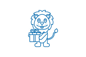 Animated blue lion holds present with happy smile, creating a charming and simple line art