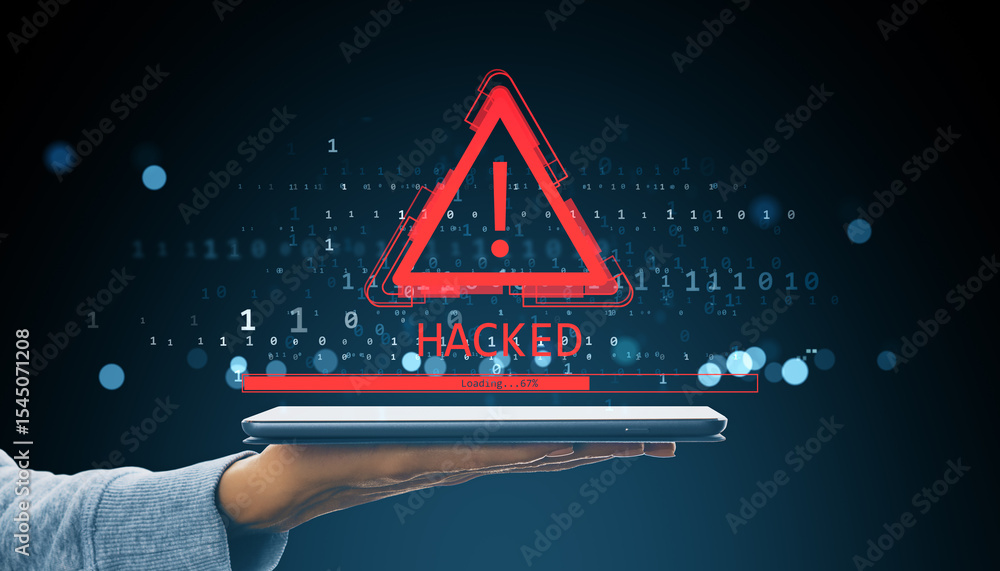 Poster Hacked warning symbol with exclamation mark above tablet with binary code and loading bar in digital business network background concept..
