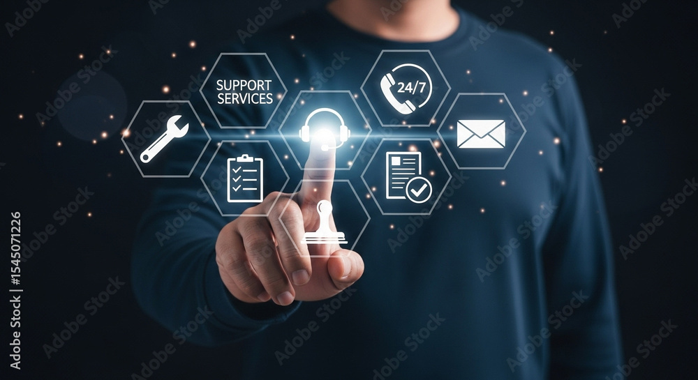 Aufkleber a person touching a digital interface with support services icons floating around their finger tip