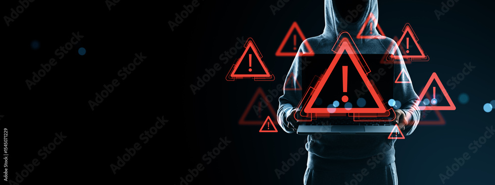 Poster darknet hacker holding laptop surrounded by digital warning icons in red exclamation signs on black 