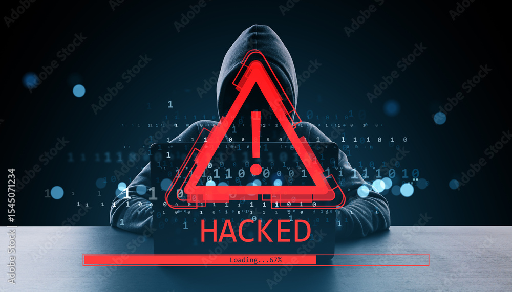 Aufkleber Hacker in hoodie with red warning exclamation icon and 