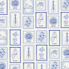 Seamless Mediterranean pattern with Italy vacation doodles in frames. Vintage coastal design for kitchen textiles, packaging, and beach decor.