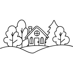 Small house in nature line art illustration. Tiny home nestled among trees on gentle hill. Simple house design perfect for children's book illustrations.