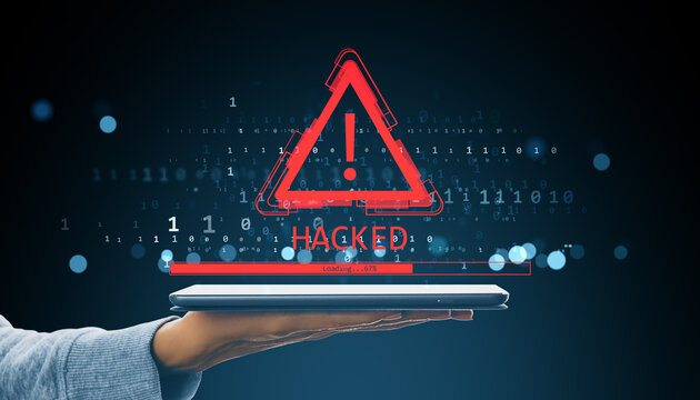 Hacked warning symbol with exclamation mark above tablet with binary code and loading bar in digital business network background concept..