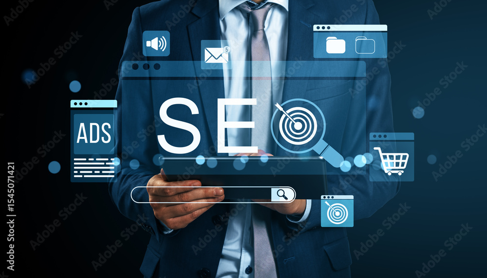 Aufkleber Businessman using tablet with SEO and digital marketing icons on screen in modern user interface concept on dark background with abstract elements.