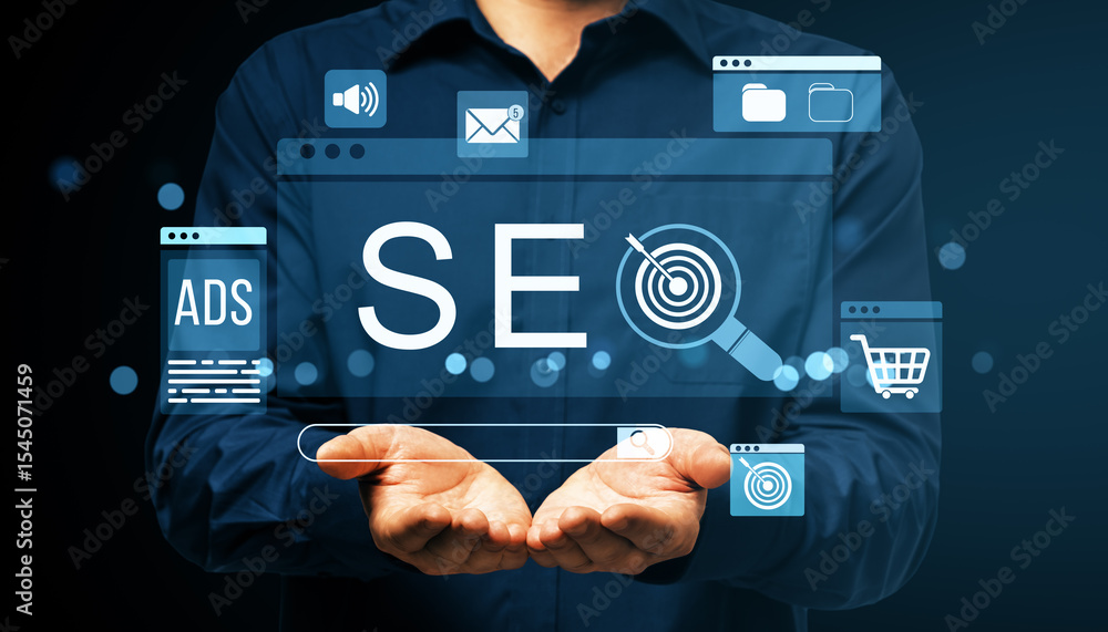 Poster seo digital marketing concept with business icons, search engine symbols, and ecommerce graphics on 