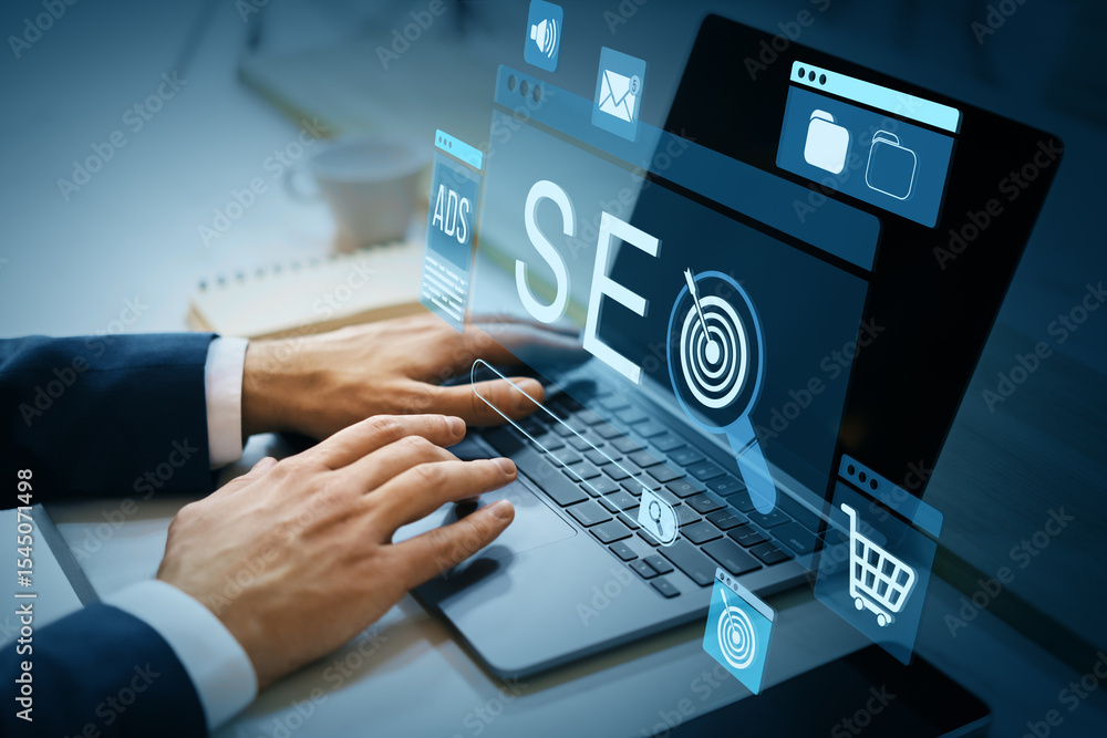 Aufkleber Digital marketing strategy concept showing SEO optimization tools and ecommerce icons on laptop screen with business person using keyboard.