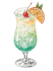 Refreshing layered cocktail with ice, cherry, and orange slice