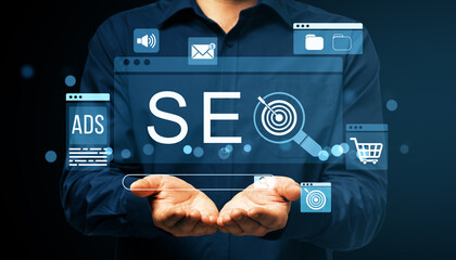 SEO digital marketing concept with business icons, search engine symbols, and ecommerce graphics on...