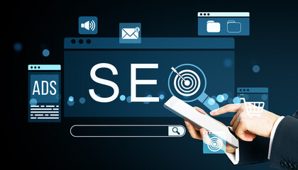 SEO concept with digital marketing icons and businessman using tablet on dark background with neon...