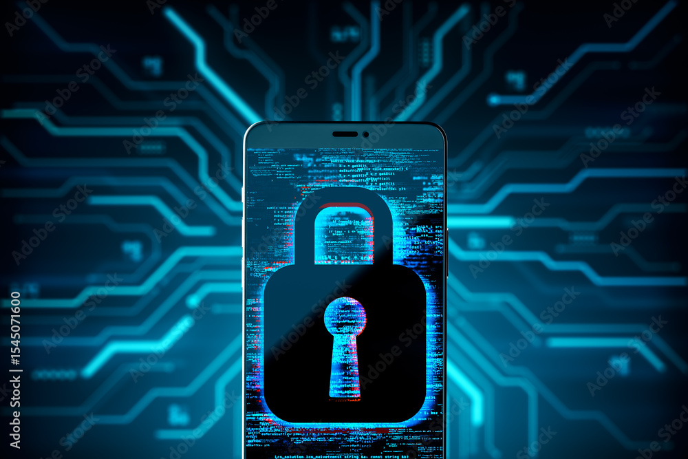 Aufkleber Smartphone with digital padlock hologram on screen representing mobile cybersecurity on futuristic circuit board background in blue tones. 3D Rendering