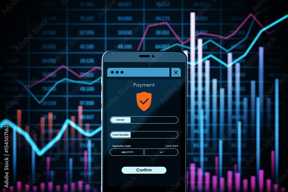 Aufkleber Secure digital payment interface on smartphone screen against background of colorful financial graphs and data visualization chart display. 3D Rendering