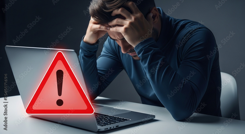 Poster Man with head in hands looking at laptop with red warning sign indicating a problem or error online
