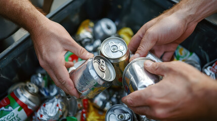 Close-up of hands crushing an aluminum can before placing it into a recycling bin, responsible waste management, high-resolution macro shot &mdash;ar 16:9 