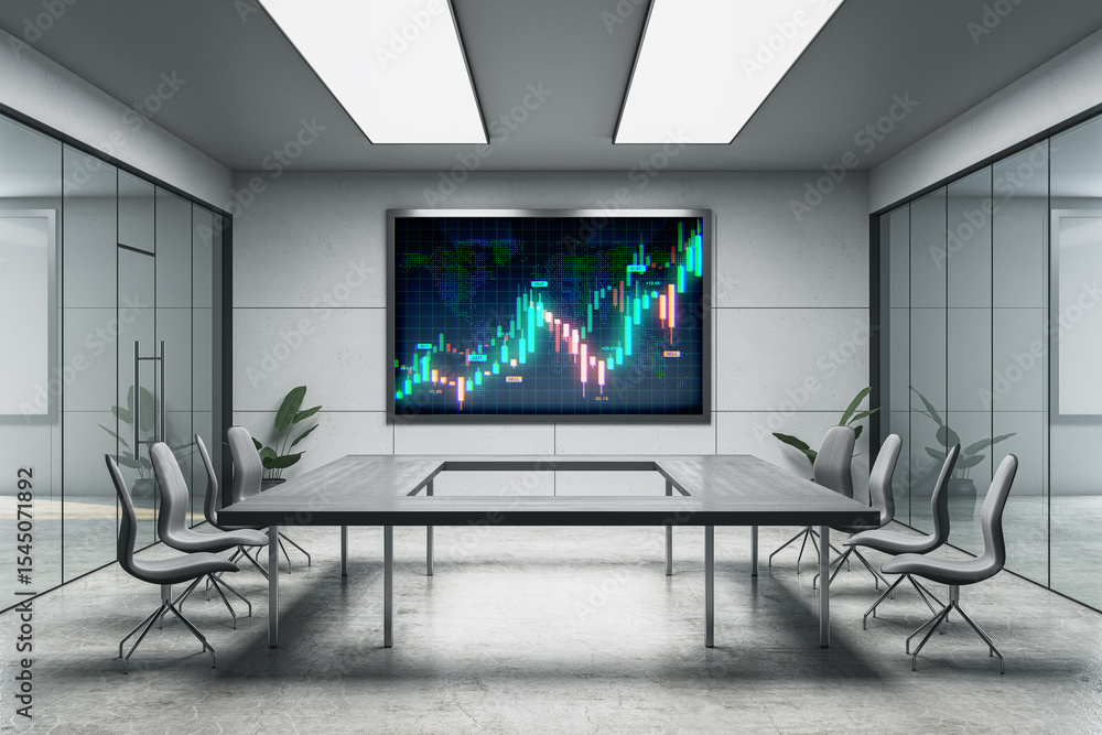 Aufkleber Modern conference room with digital forex market graph on large screen display in corporate office setting, front view with empty chairs. 3D Rendering