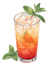 Refreshing iced summer cocktail in tall glass with lime and mint