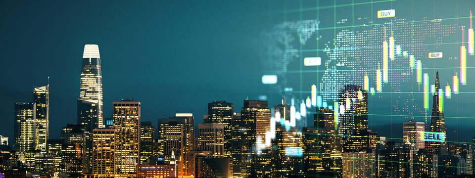 Night cityscape with illuminated skyscrapers and financial stock market chart overlay showing global trade data and growth trends in economy.
