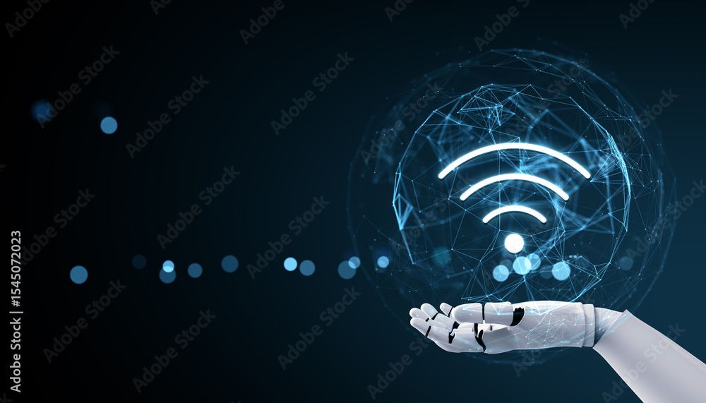 Poster futuristic robotic hand holding digital wireless icon hologram in virtual blue network sphere on dar