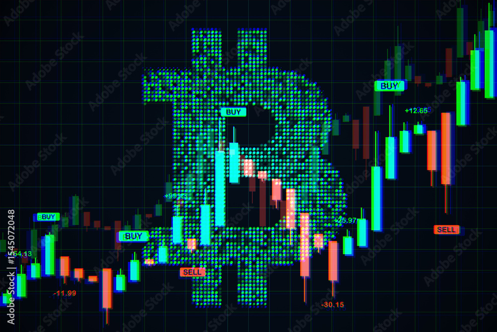Poster Bitcoin symbol formed by digital dots over a candlestick chart showing buy and sell signals on dark screen background for cryptocurrency trading. 3D Rendering