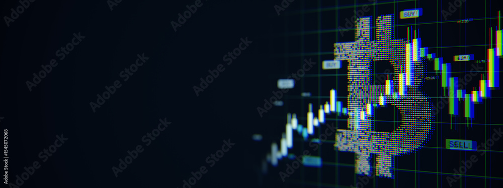 Poster Bitcoin symbol with fluctuating candlestick chart on digital screen background representing cryptocurrency market data and investment trends. 3D Rendering