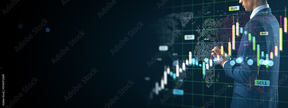 Poster businessman analyzing digital stock market chart with global financial data and buy sell signals on 
