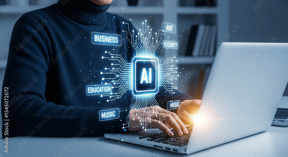 Aufkleber Person using laptop with ai interface overlay displaying business education art and security tags around it