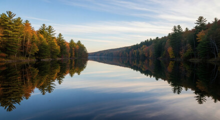 Fototapeta premium Calm River Scene Surrounded by Vibrant Foliage in a Tranquil Nature Landscape
