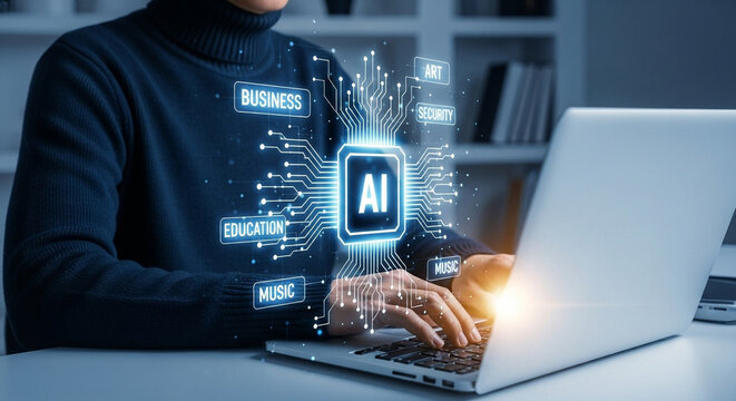 Person using laptop with ai interface overlay displaying business education art and security tags around it