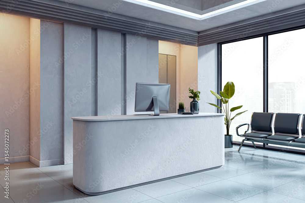 Poster Modern light gray reception desk setup in a functional office lobby with city view, waiting area seating, and minimalist interior design concept. 3D Rendering