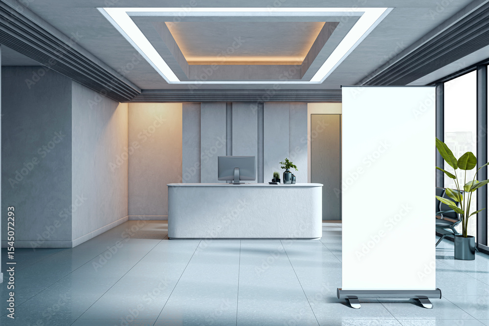 Aufkleber modern luxury office reception area with desk, computer, and blank roll-up banner stand for branding