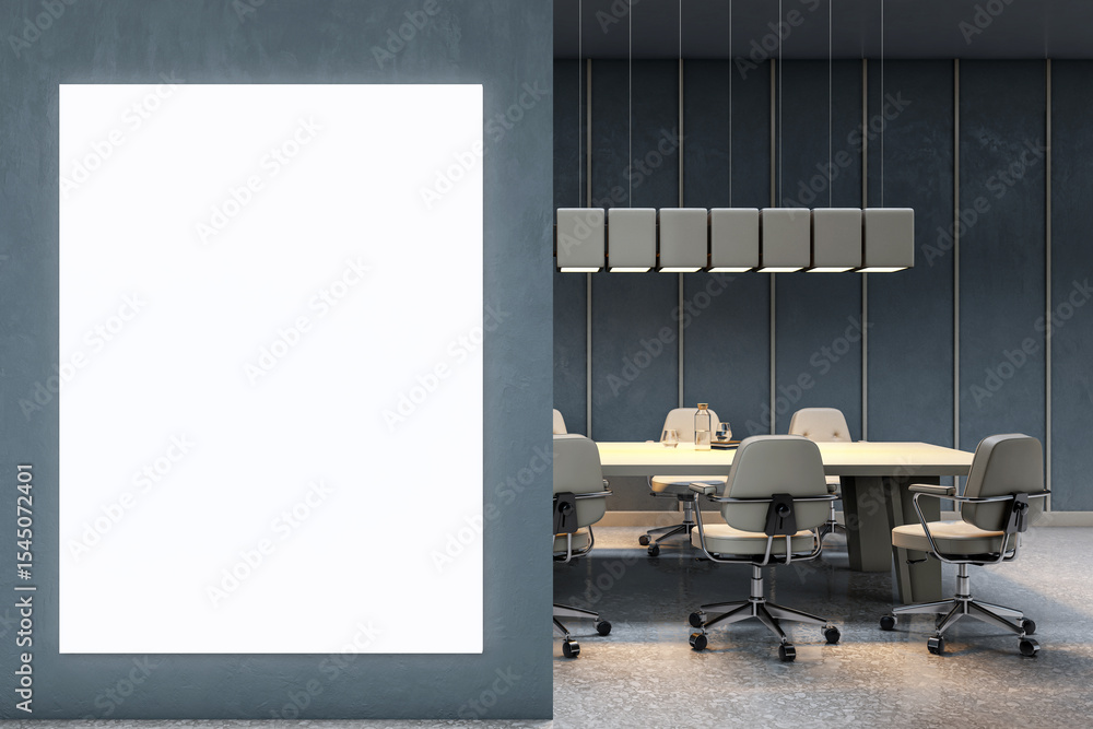Poster vertical blank canvas mockup on dark wall near modern empty boardroom with stylish furniture and pen