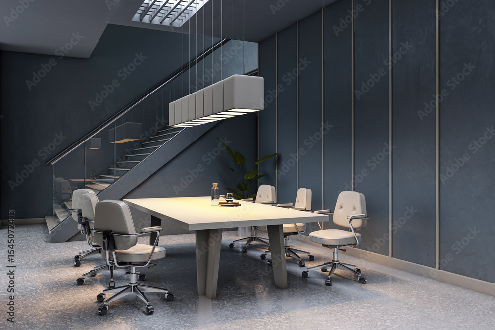 Poster modern minimalist boardroom interior with elegant furniture and staircase in corporate office space,