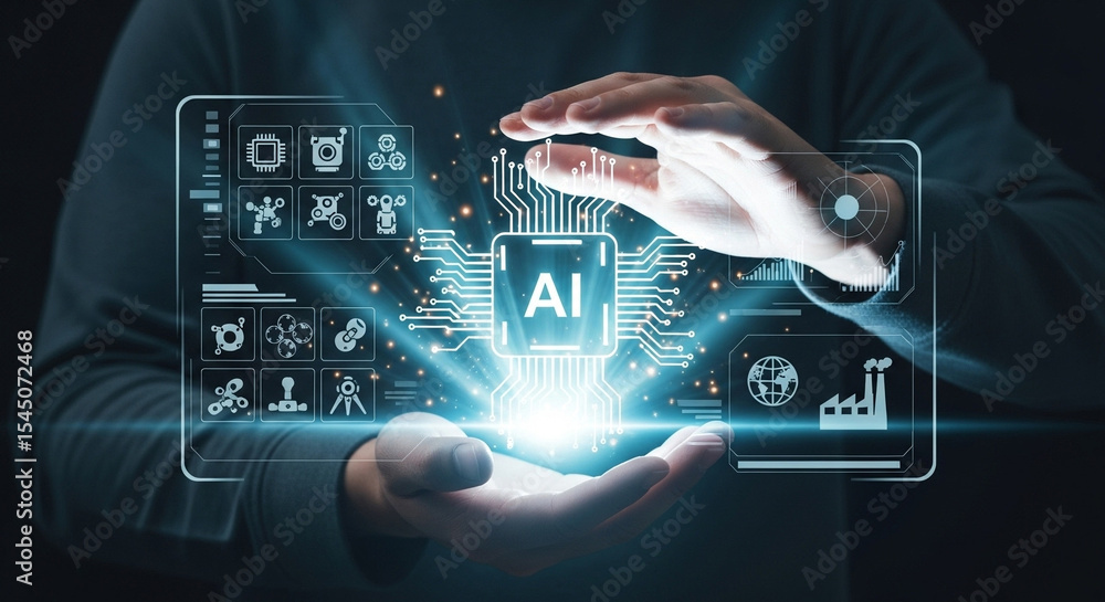 Aufkleber person holding ai interface with glowing chip and various icons in a futuristic display panel