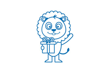 Blue outlined cute lion holds a gift box and waves on a white backdrop