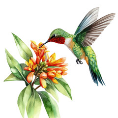 Obraz premium Hummingbird Feeding Spring Flower, watercolor vector, isolated on a white background.