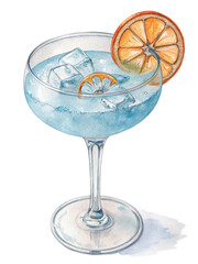 Refreshing blue cocktail in coupe glass with ice and orange